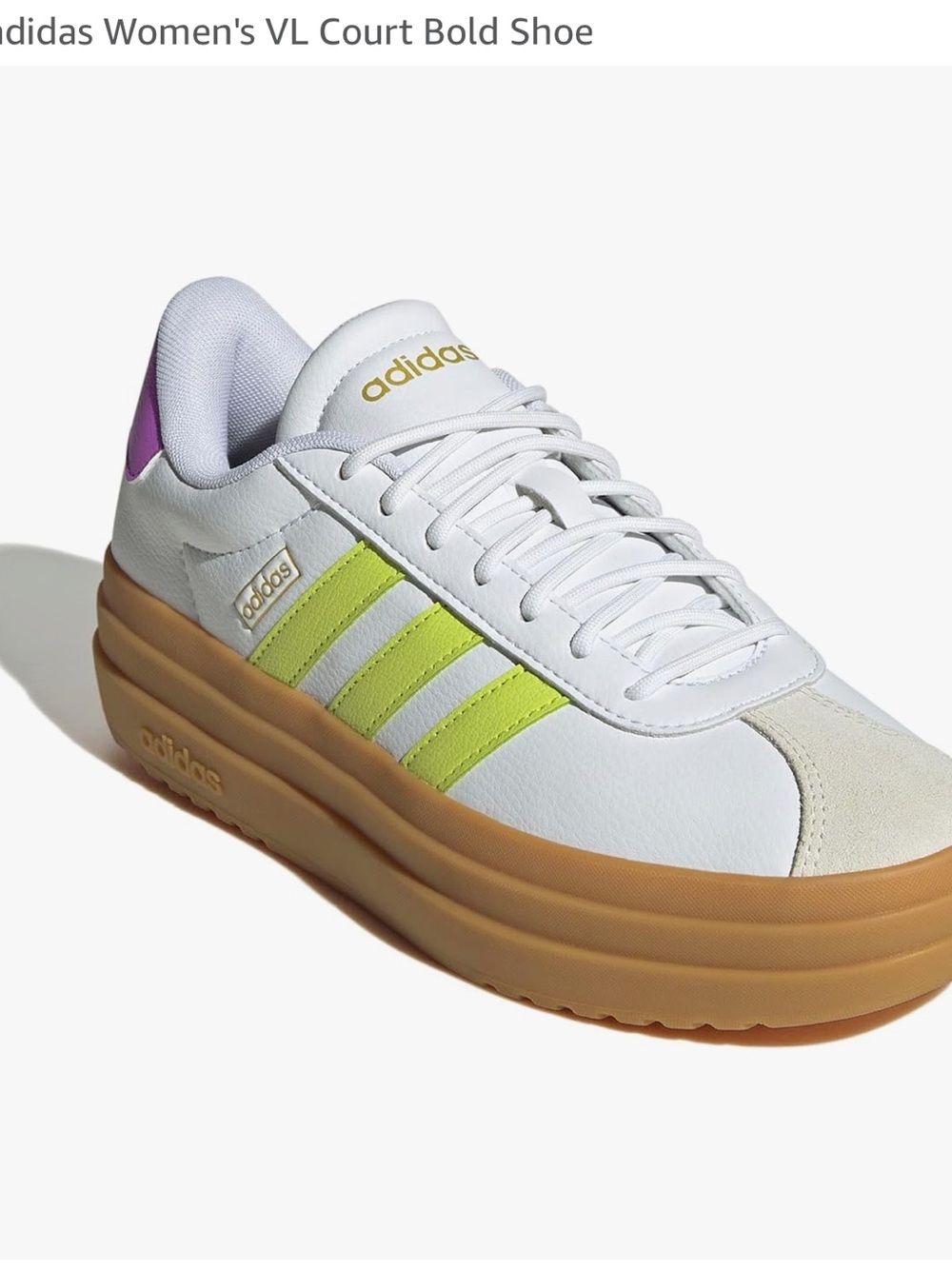 adidas White Sneakers with Neon Yellow Stripes and Gum Platform